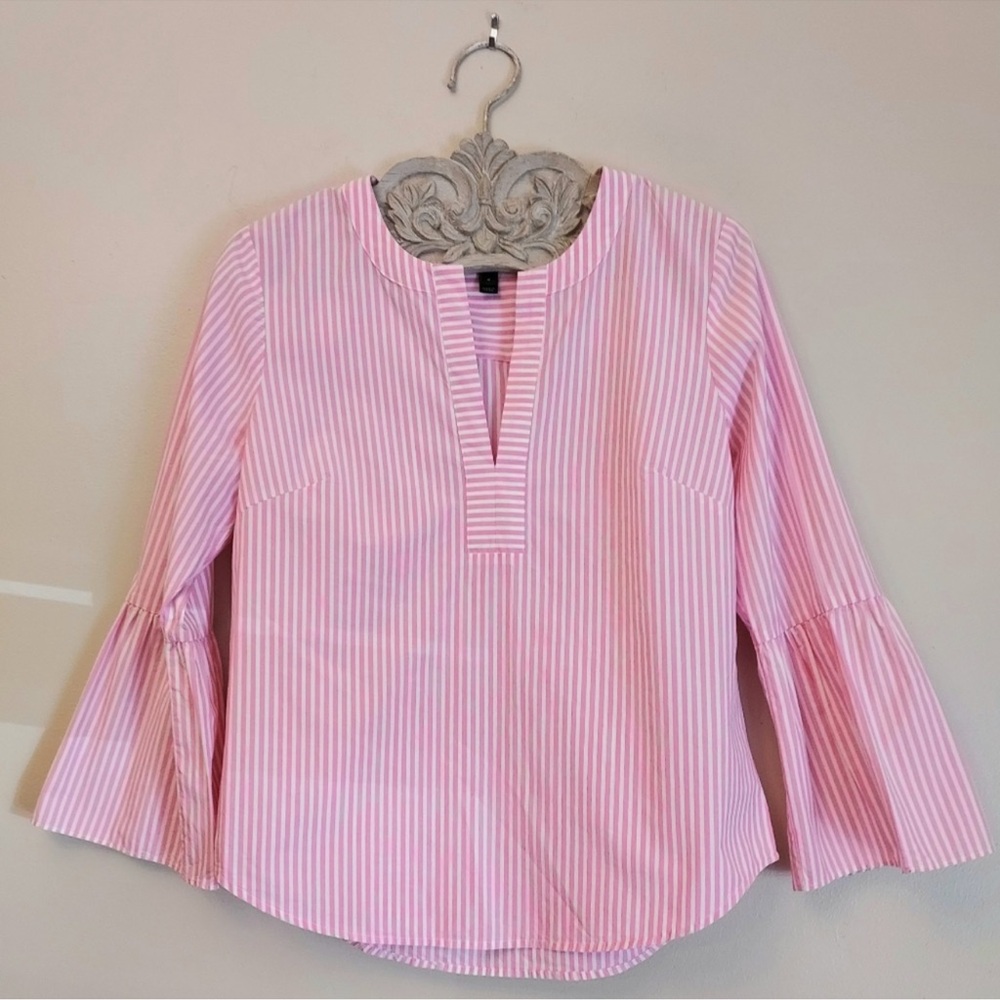 J. Crew Pink White Striped Ruffle Sleeve Popover Blouse Size 2
